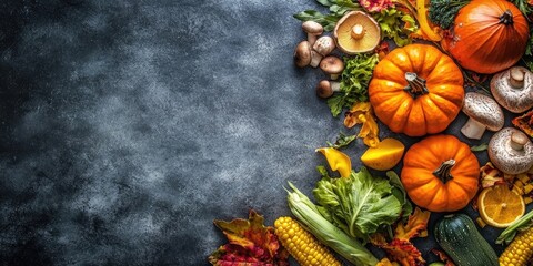 Poster - Autumn harvest display with bright orange pumpkins, leafy greens, yellow corn, mushrooms, and colorful fall leaves against a textured dark background.
