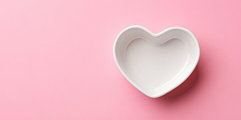 Poster - Heart-shaped white dish for cherished items positioned on a soft pink backdrop offering ample copy space for text and design elements.