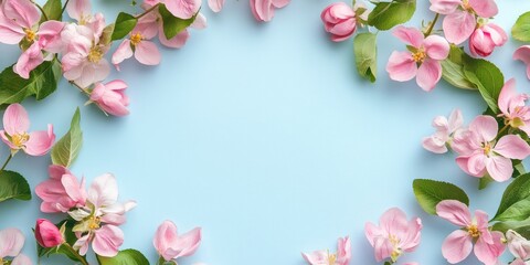 Fototapete - Delicate pink apple blossoms frame a soft blue background, creating a serene and inviting atmosphere for spring themed designs.