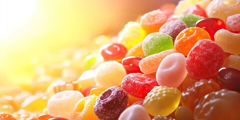 Poster - Vibrant assortment of colorful candies in warm golden sunlight with soft blurred background and ample copy space for text and design elements