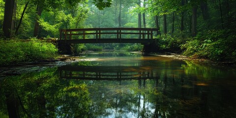Fototapete - Serene wooden bridge over calm creek surrounded by lush green trees and misty atmosphere with reflections on water surface in a tranquil forest setting