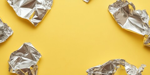 Leinwandbilder - Crumpled aluminum foil pieces scattered on a vibrant yellow background creating a playful contrast highlighting texture and color dynamics.
