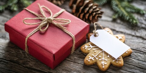 Poster - Red gift box tied with twine next to a blank tag and a snowflake cookie on rustic wooden surface, accented by pine cones and greenery.