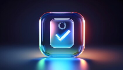 Poster - A glowing, colorful checkmark icon set in a sleek, translucent square, symbolizing approval or confirmation in a modern digital style.