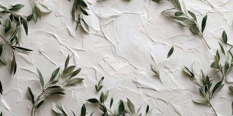 Aufkleber - Delicate green willow branches and textured ruscus leaves spread across a soft white background creating a serene natural aesthetic for projects