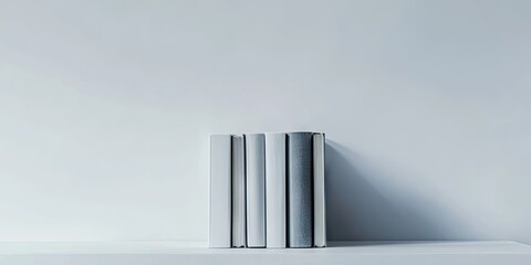 Poster - A set of three white books standing upright on a pale gray surface with a minimalistic white background creating an isolated, serene aesthetic.