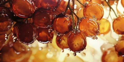 Poster - Vibrant cluster of amber-hued dates glistening with droplets against a soft golden background showcasing their richness and texture.