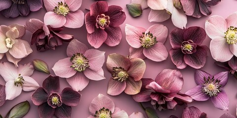 Poster - Delicate flat lay arrangement of pink and purple hellebore flowers on soft pink background, creating a feminine and aesthetic visual appeal.