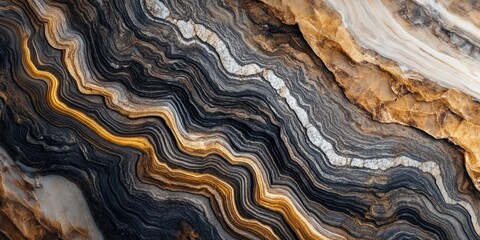 Poster - Abstract geological texture featuring wavy layers of black, white, and golden hues creating a rich, dramatic marble surface ideal for backgrounds.