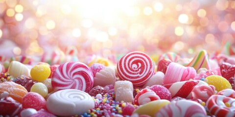 Poster - Colorful candy assortment on a bright background with soft bokeh lights, featuring swirls, gummies, and ample text space in the center.