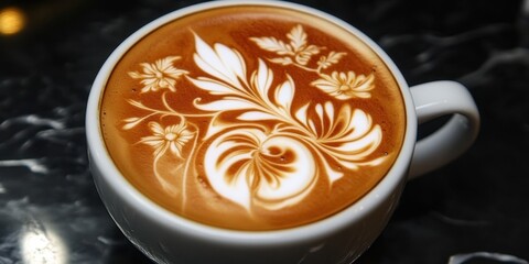 Poster - Elegant latte art with creamy swirls in a white cup on a dark marble surface, showcasing intricate floral designs and rich coffee tones.