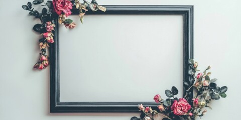Fototapete - Black wooden frame with floral accents in pink and green against a white background, featuring ample copy space for messages or greetings.