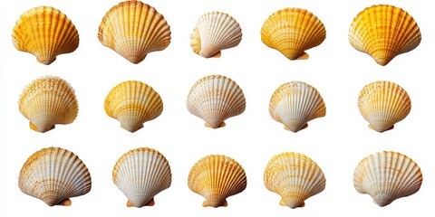 Poster - Colorful collection of yellow and white scallop shells arranged in a grid pattern showcasing various sizes and intricate details on a white background.