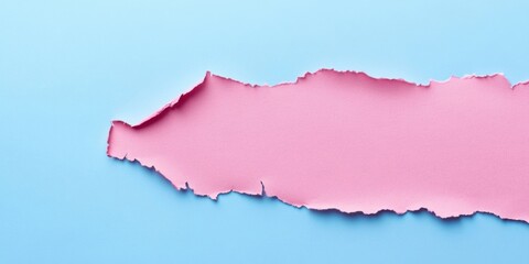 Fototapete - Torn pink paper fragment set on a smooth blue background with ample negative space for copy positioned elegantly from a top perspective.