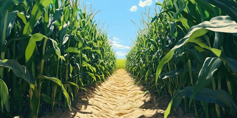 Aufkleber - Entrance to a vibrant corn maze with tall green corn plants on both sides, golden sandy path leading to open fields under a bright blue sky.