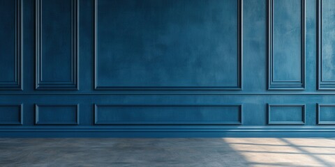 Fototapete - Elegant blue plastered walls with classic detailing and subtle shadows, creating a minimalist yet sophisticated interior space.