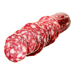 Wall Mural - Close-up of Saucisson Sec slices isolated on white transparent background. Concept of fresh deli meat and gourmet food.