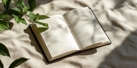 Leinwandbilder - Open blank book on soft beige fabric with green plant leaves adjacent, sunlight casting gentle shadows, creating a serene artistic atmosphere.