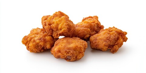Poster - Crispy golden fried chicken pieces stacked on a white background, showcasing a rich brown color with a crunchy texture highlighting savory appeal.