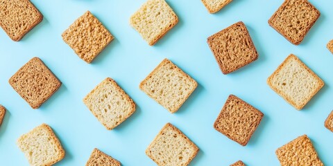Fototapete - A scattered arrangement of various rusks in light brown and beige tones on a vibrant blue background creating a visually appealing pattern.