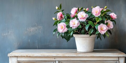 Aufkleber - Blooming pink camellia flowers in a rustic white pot on a vintage wooden cabinet with a gray wall background and ample copy space to the right.
