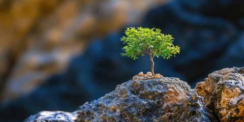 Poster - Solitary green tree atop a rugged stone surface against a blurred dark background showcasing resilience in nature with vibrant colors and textures.