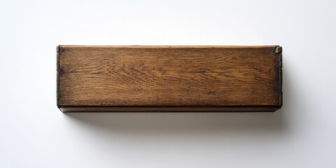 Poster - Aerial view of a vintage wooden box in rich brown tones centered on a clean white background with ample negative space for text or graphics