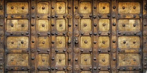 Aufkleber - Intricately designed ancient wooden door with a rich brown and gold pattern against a textured white background creating ample copy space on the right