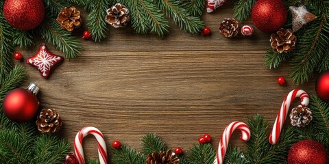 Poster - Festive Christmas frame with red ornaments pine cones and candy canes on rustic wooden background featuring green pine branches and dark wood texture.
