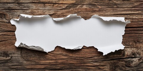 Poster - Close up of a ripped white paper fragment on a rustic wooden surface with dark brown tones creating a warm and inviting atmosphere.