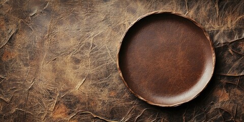 Fototapete - Empty rustic brown ceramic plate centered on a textured weathered brown leather surface with intricate patterns and subtle color variations.
