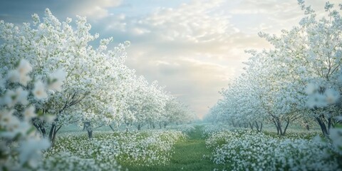 Leinwandbilder - Serene cherry blossom orchard featuring vivid white flowers on trees, lush green grass in a tranquil landscape under a soft cloudy sky.