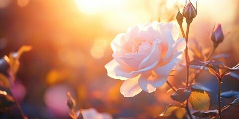 Fototapete - Delicate morning rose in pastel hues illuminated by soft sunlight with lush green leaves and gentle background bokeh creating a serene atmosphere