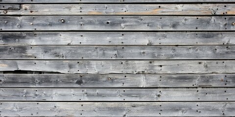 Poster - Weathered gray wooden planks with varying textures and knots arranged horizontally creating a rustic background with a worn appearance.