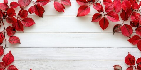 Leinwandbilder - Vibrant red autumn leaves frame a blank white wooden surface creating ample copy space highlighting warm seasonal colors and rustic textures.