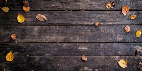 Poster - Autumn leaves in shades of yellow and brown scattered on a dark wooden surface creating a warm, rustic ambiance with textured planks.