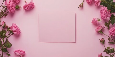 Aufkleber - Blank pink paper card centered on a soft pink pastel background surrounded by delicate pink roses arranged symmetrically from a top view perspective