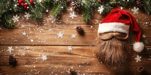 Poster - Festive wooden surface with pine cones red berries snowflakes and Santa hat featuring a beard in the center creating a Christmas atmosphere