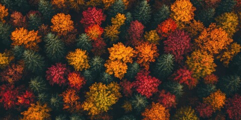 Leinwandbilder - Vibrant autumn forest canopy filled with reds oranges and yellows showcasing nature's beauty from an aerial view with dark green pine trees.
