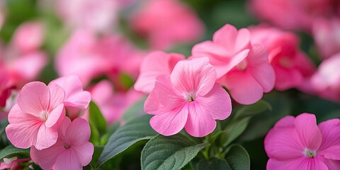 Fototapete - Vibrant pink impatiens flowers in lush green foliage fill the frame creating a stunning display of color in soft natural light in shaded areas