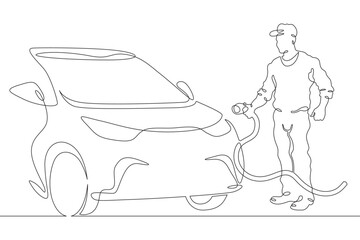 Poster - continuous one line drawing electric vehicle charging. high technology. clean energy. electric trans
