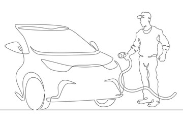 Poster - continuous one line drawing electric vehicle charging. high technology. clean energy. electric trans