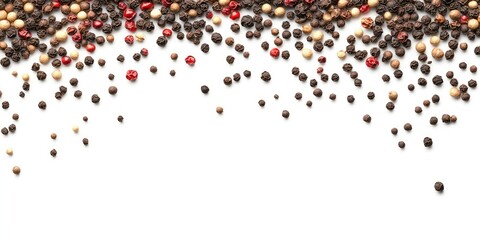 Poster - Colorful peppercorns scattered across the top edge of a clean white background, showcasing a mix of black, white, and red hues.