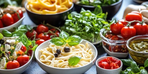 Poster - Fresh Italian cuisine ingredients arranged vividly on a textured tablecloth showcasing pasta, tomatoes, basil, salad greens, and herbs.