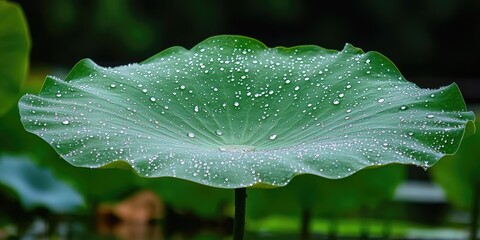 Poster - Large green lotus leaf resting on calm water surface adorned with numerous glistening droplets set against a blurred lush green background