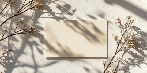 Poster - Minimalist blank business card on a textured light wall surrounded by delicate dried flowers casting soft shadows in warm tones.