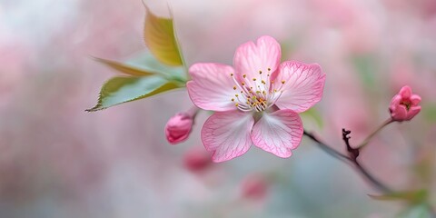 Poster - Delicate pink cherry blossom flowers in soft-focus background with pastel hues; a single flower positioned centrally with green leaves to the left.
