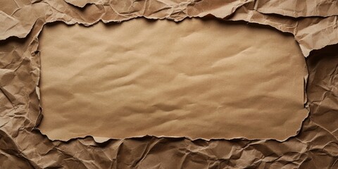 Fototapete - Detailed vintage brown paper texture with crumpled edges framing a blank cardboard sign centered for copy space on a rustic background.