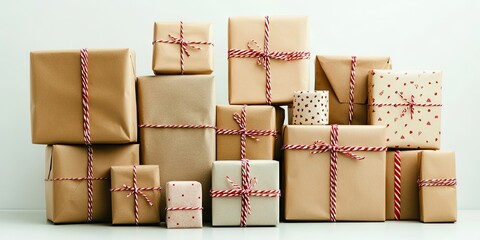 Poster - Festive holiday gift boxes neatly arranged with various sizes in neutral tones and decorated with red and white striped ribbons on a light backdrop.