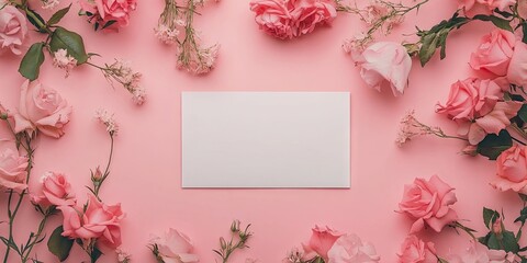 Aufkleber - Blank paper card on pink pastel background surrounded by delicate pink rose flowers top view soft floral arrangement elegant and feminine